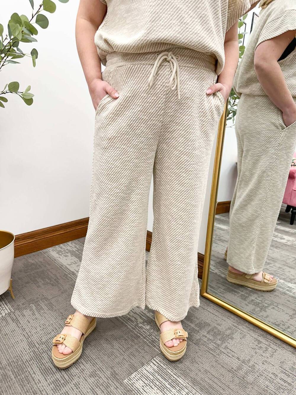 NEW SEE AND BE SEEN textured wide leg pants in beige